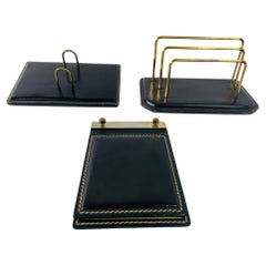 Retro Art Deco Black Leather Saddle Stitching Desk Set 