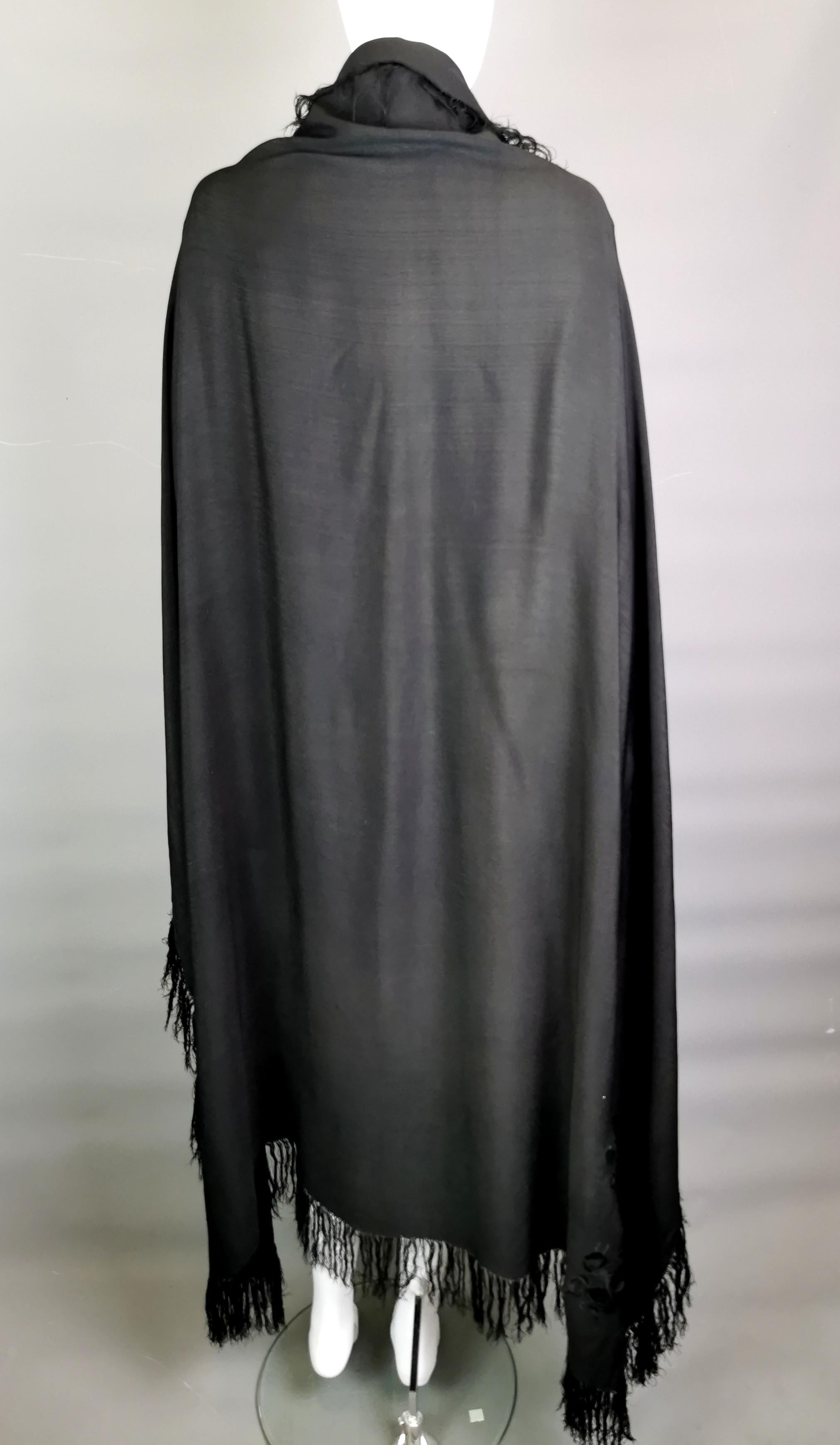 Women's Vintage Art Deco black silk floral embroidered shawl  For Sale