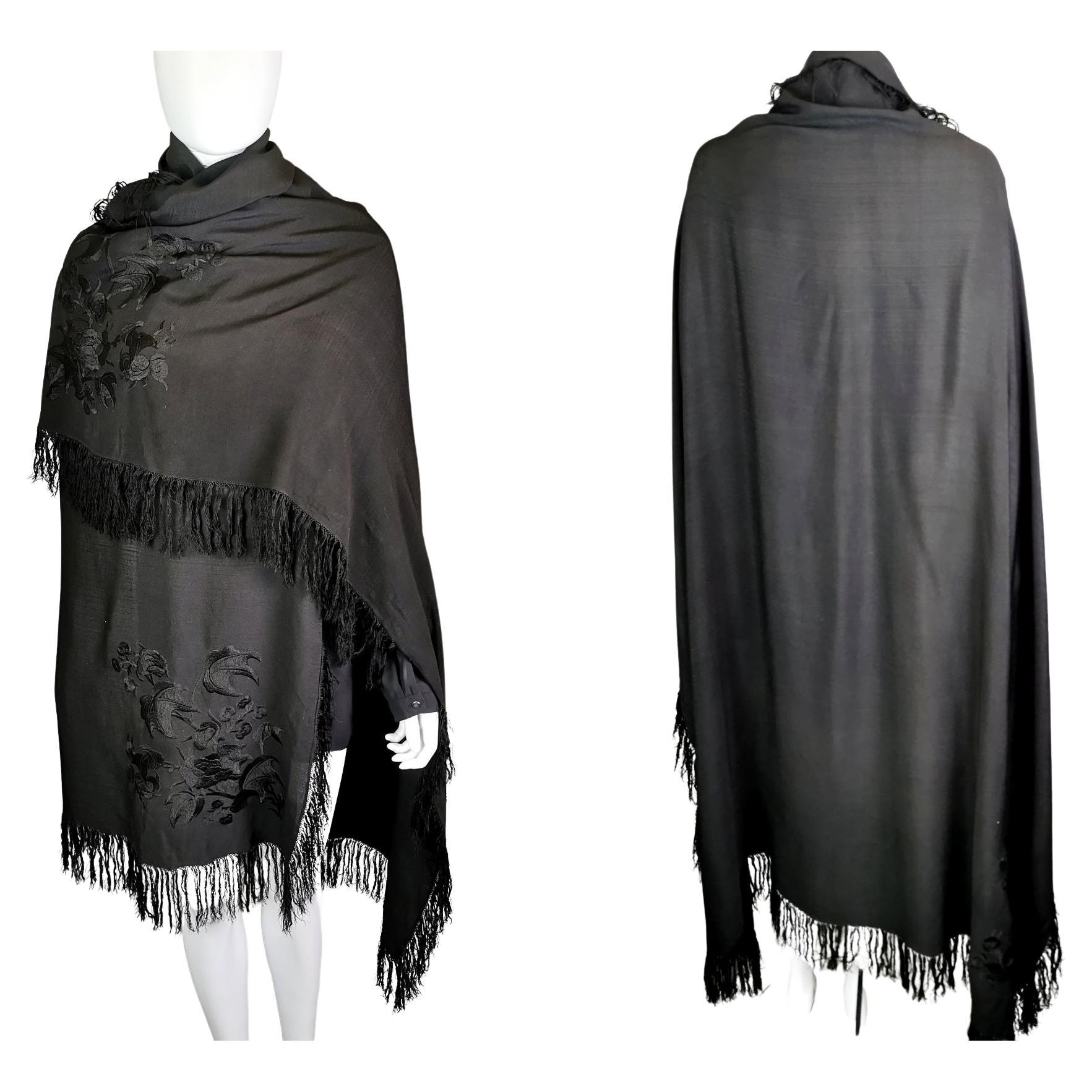 Vintage Art Deco black silk floral embroidered shawl  For Sale
