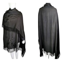 Antique Art Deco black silk floral embroidered shawl 