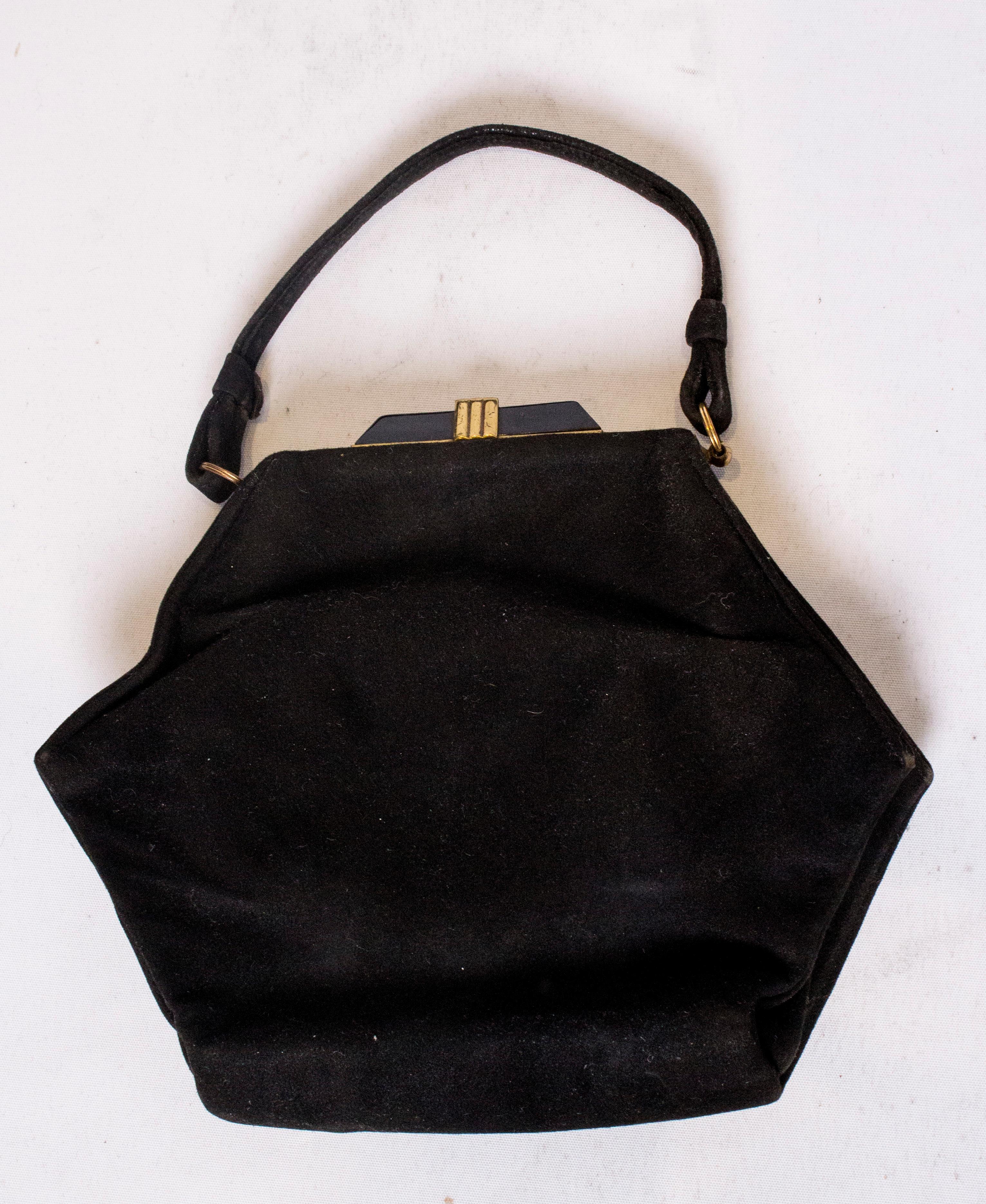Noir Vintage Art Deco Black Suede Handbag en vente
