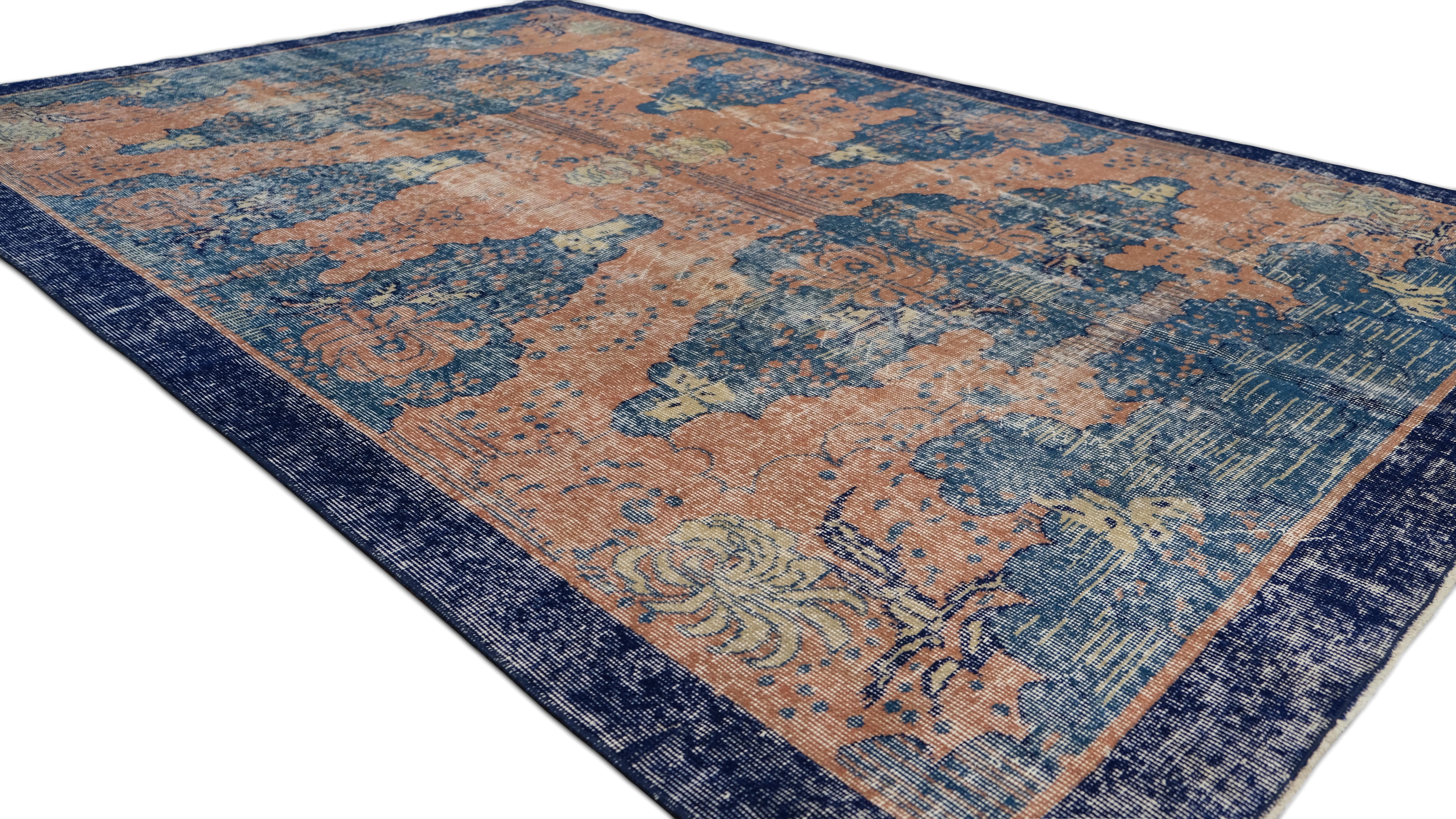 Turkish Vintage Art Deco Blue and Coral Abstract Wool Rug 6'10''x10'2'' For Sale