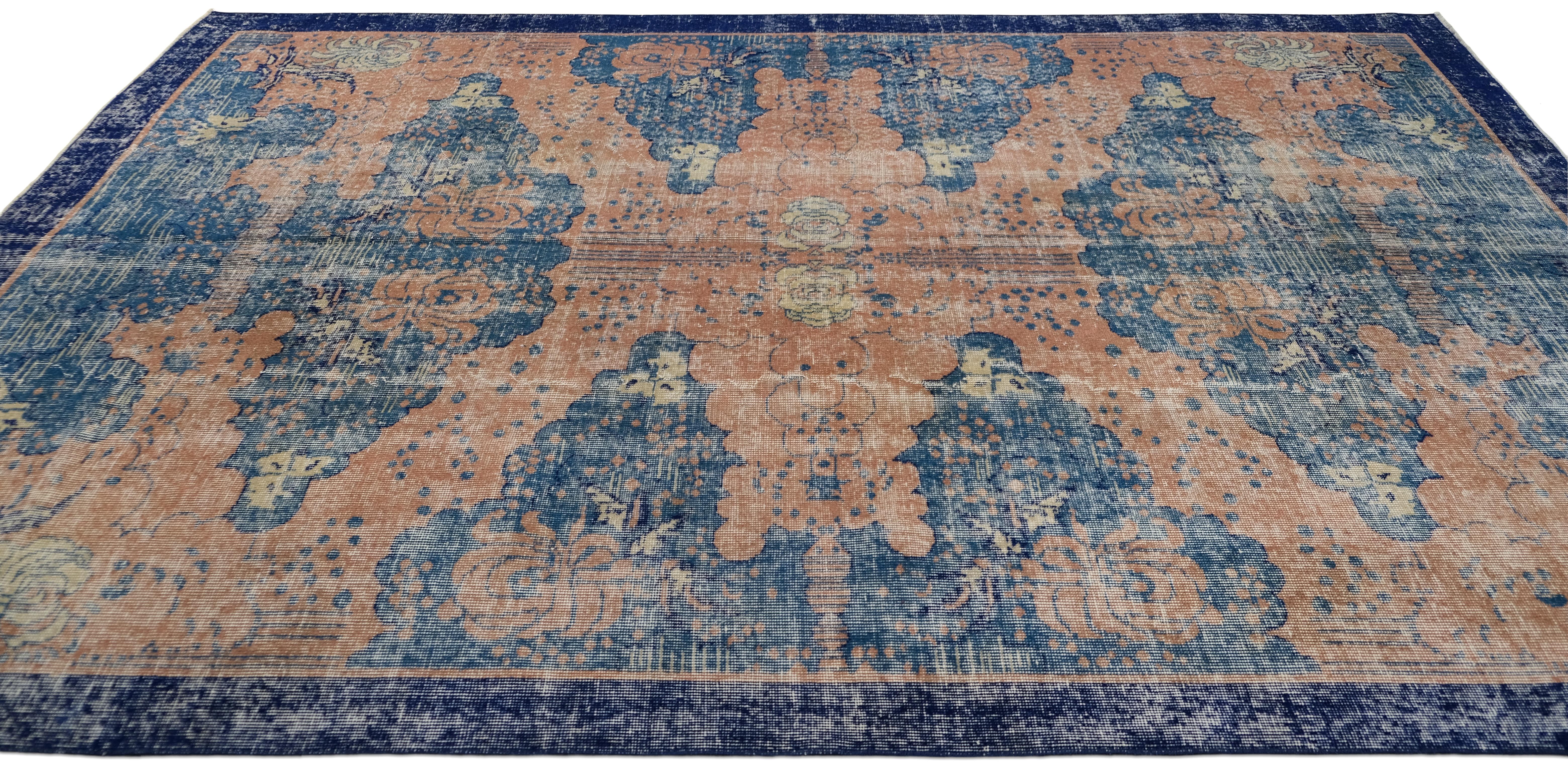 Hand-Knotted Vintage Art Deco Blue and Coral Abstract Wool Rug 6'10''x10'2'' For Sale