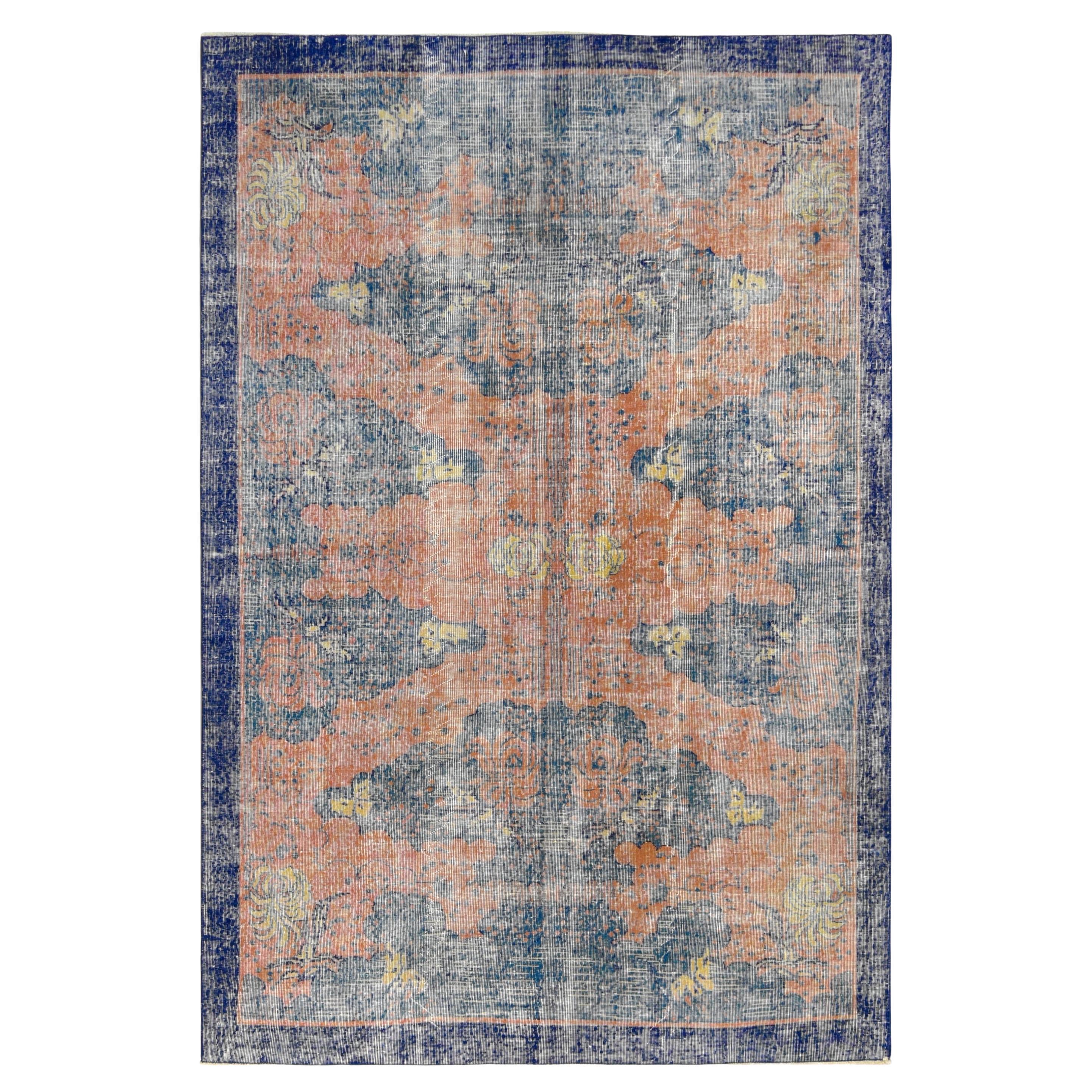 Vintage Art Deco Blue and Coral Abstract Wool Rug 6'10''x10'2'' For Sale