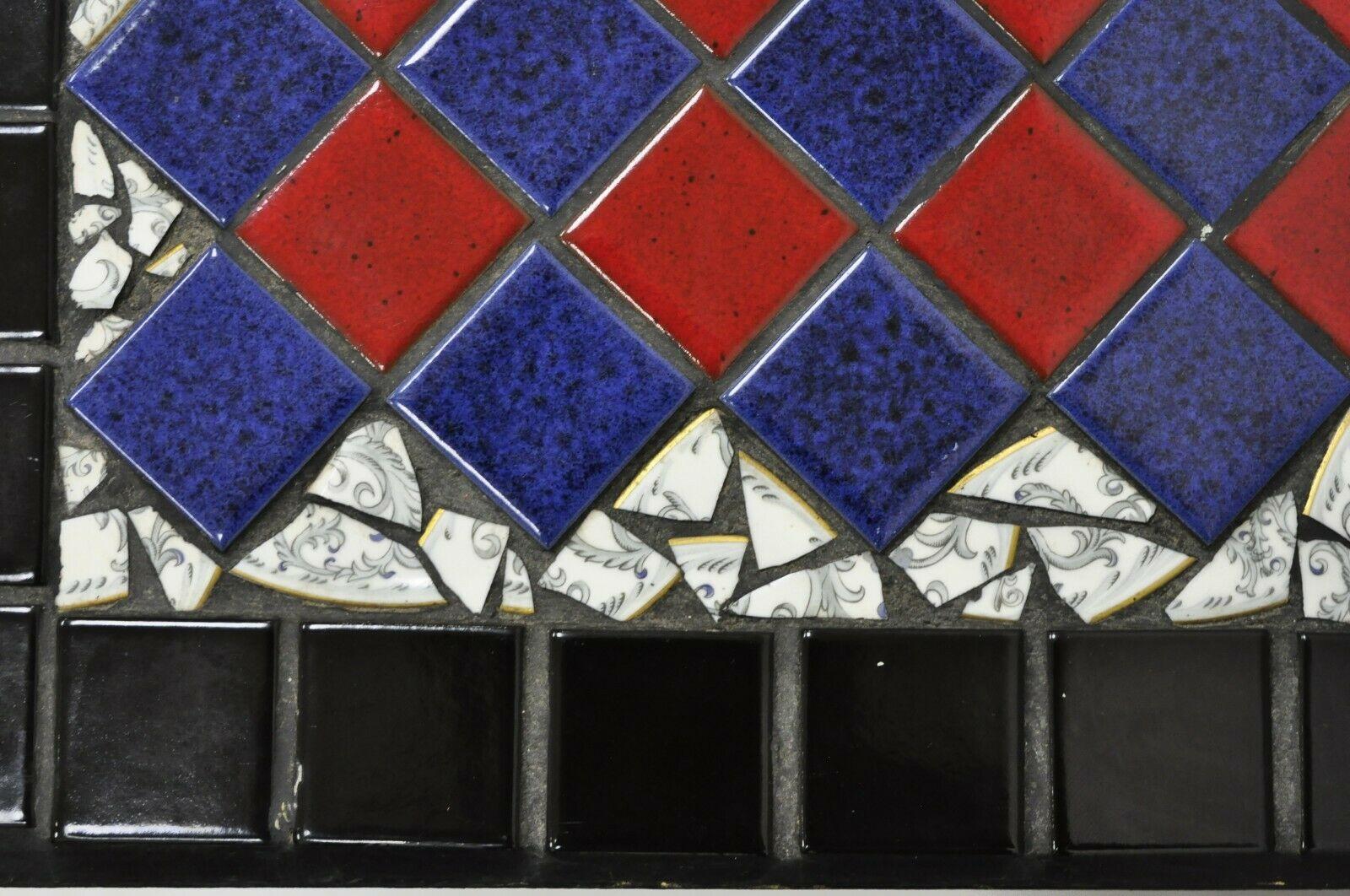 20th Century Vintage Art Deco Blue and Red Mosaic Tile Top Arch Base Coffee Table For Sale