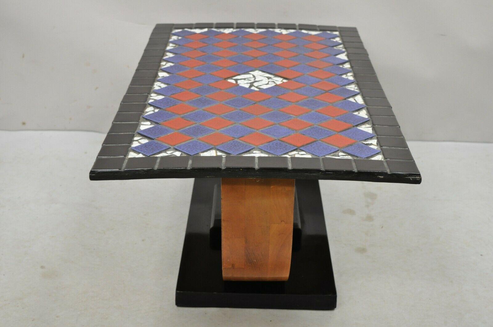Ceramic Vintage Art Deco Blue and Red Mosaic Tile Top Arch Base Coffee Table For Sale