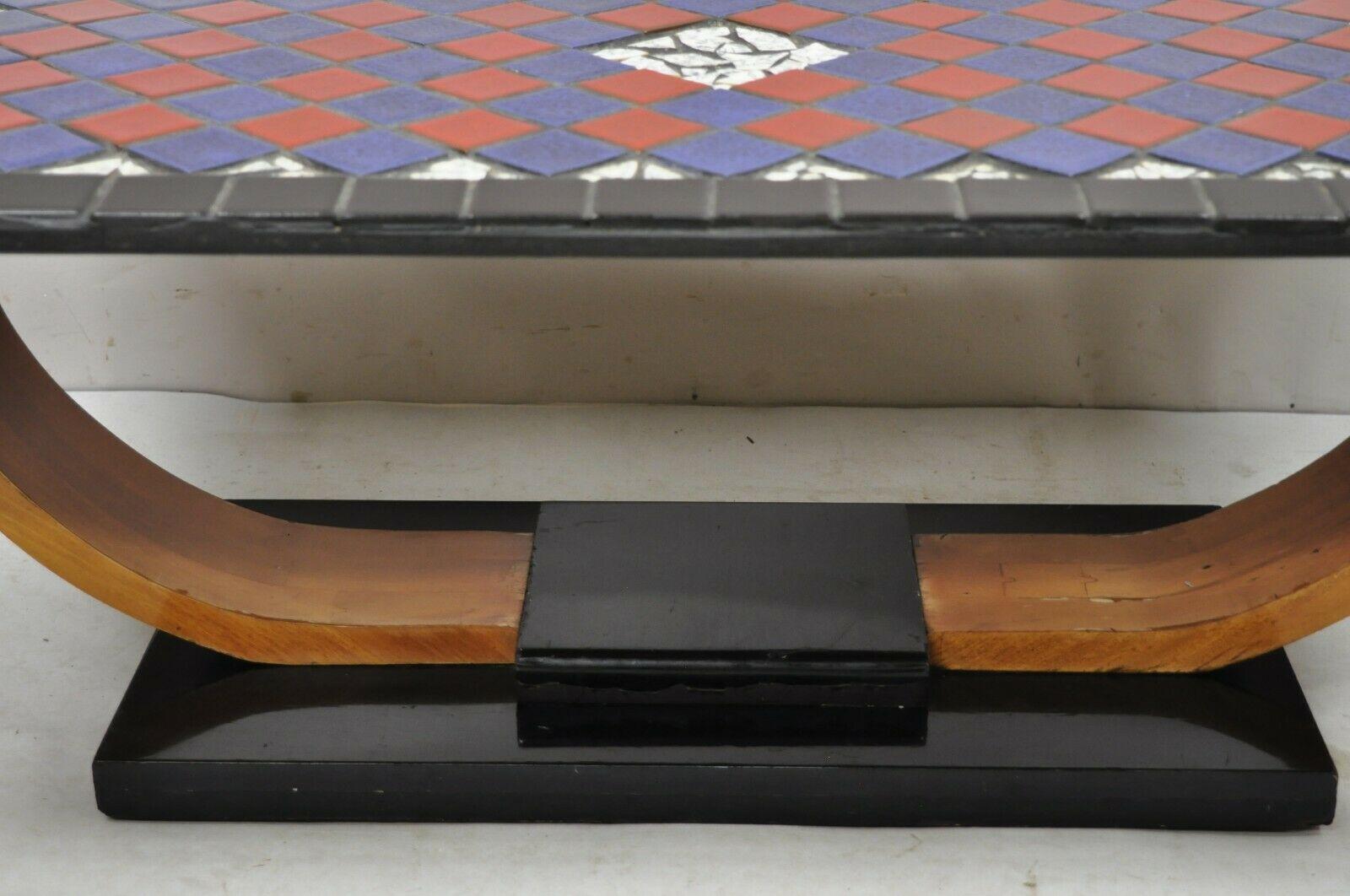 Vintage Art Deco Blue and Red Mosaic Tile Top Arch Base Coffee Table For Sale 1