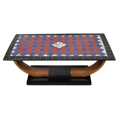 Vintage Art Deco Blue and Red Mosaic Tile Top Arch Base Coffee Table