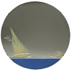 nautical theme mirror Vintage Art Deco Blue Glass Etched Nautical Theme Wall Mirror, Circa 1930
