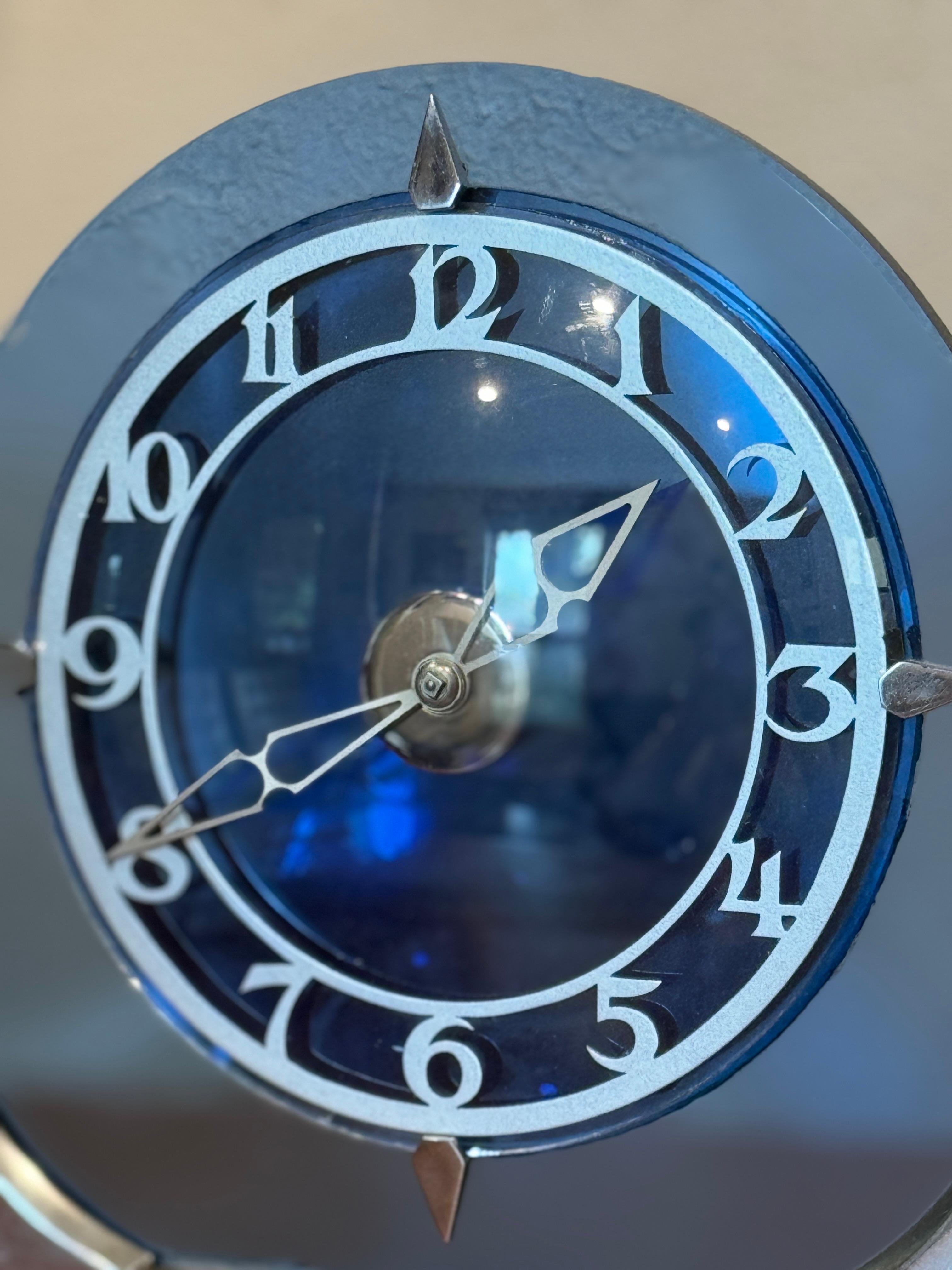 Art Deco Vintage art deco blue glass table clock For Sale