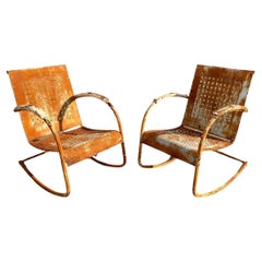 Vintage Art Deco Blue Metal Rusty Basketweave Patio Rocking Lounge Chair - Pair