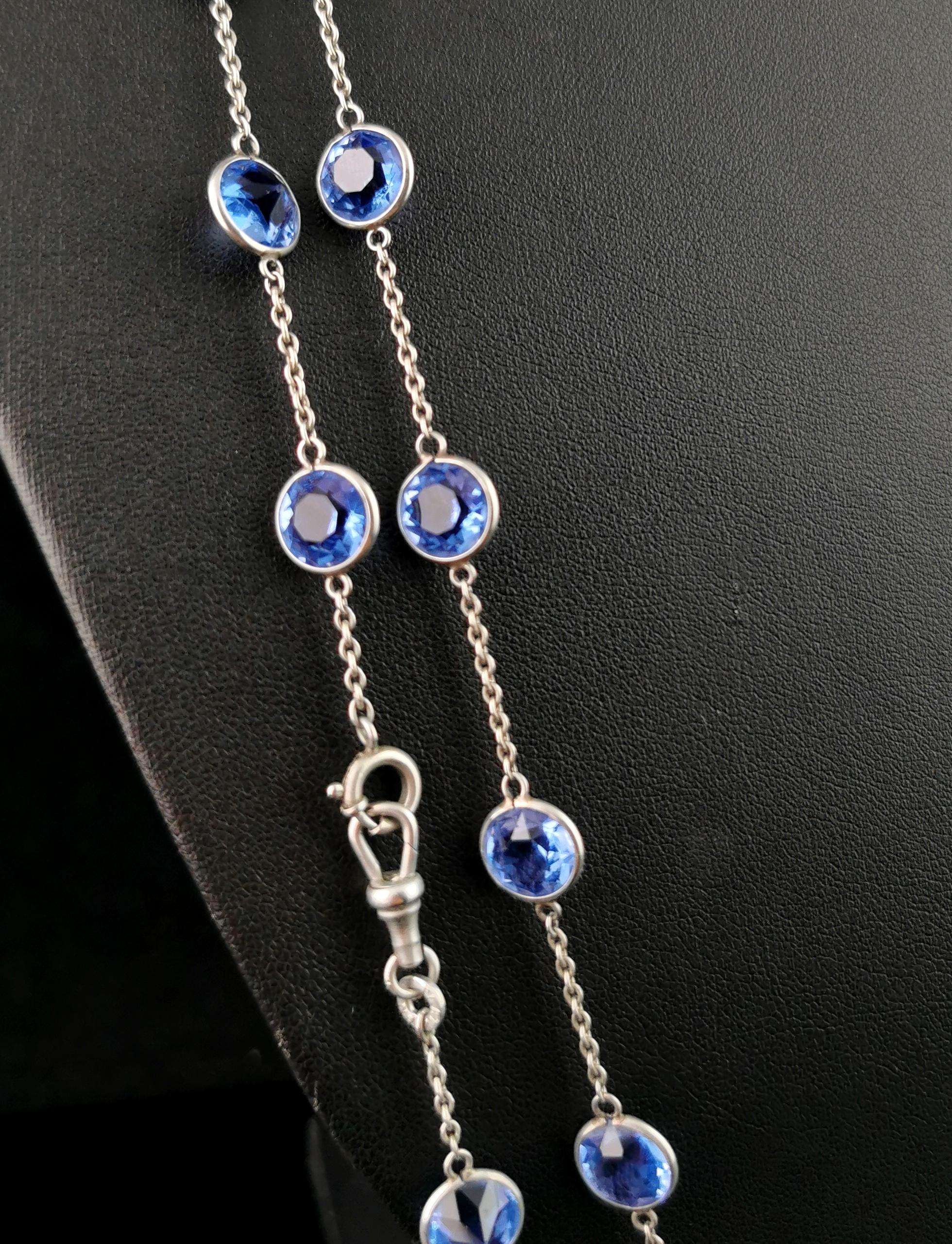 Vintage Art Deco blue Paste and platinon long chain necklace  For Sale 7