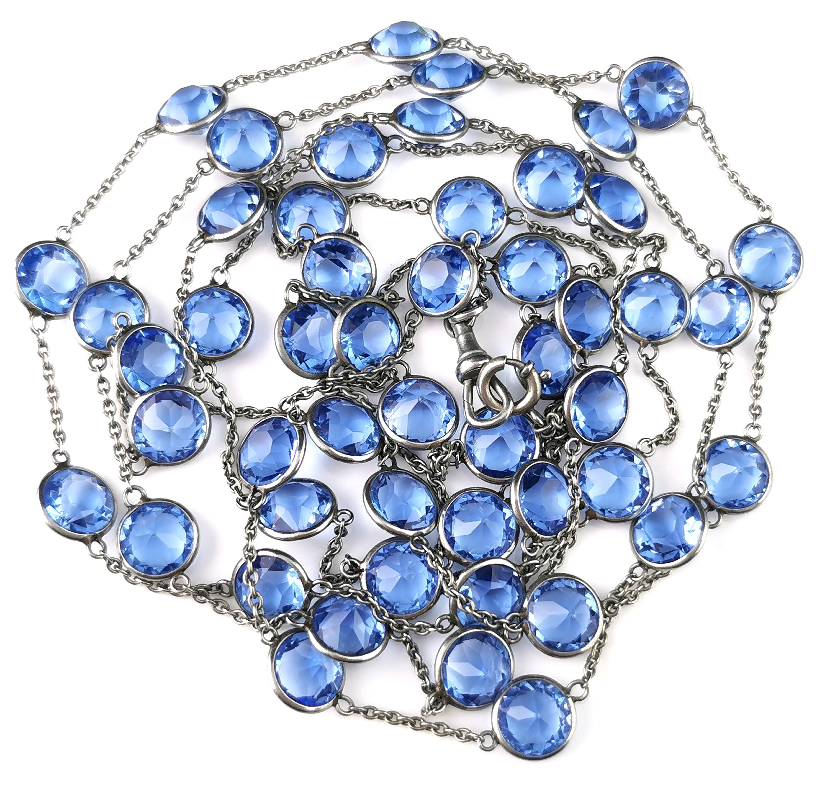 Vintage Art Deco blue Paste and platinon long chain necklace  For Sale 9