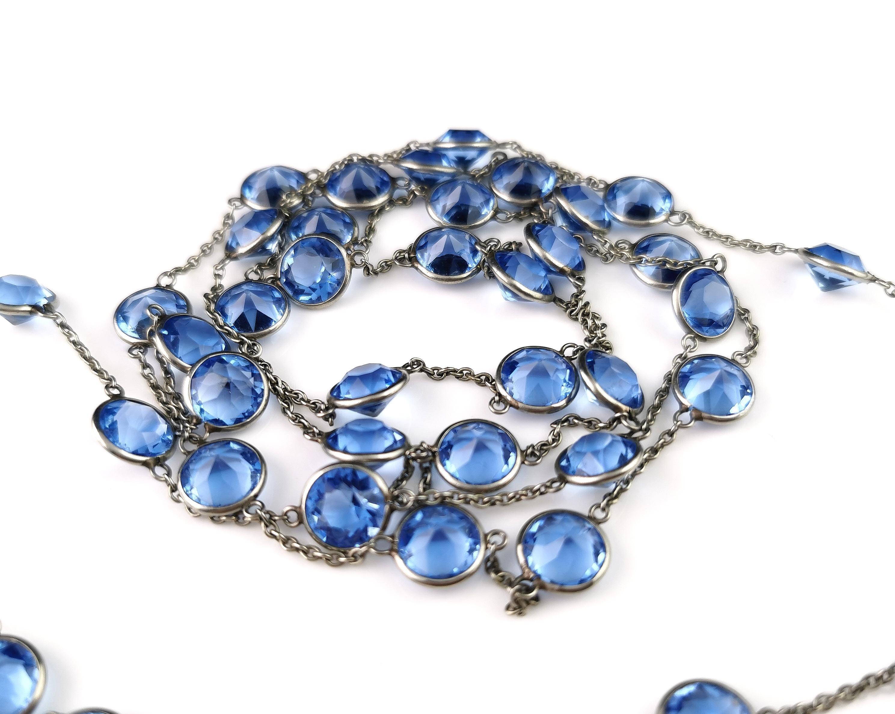 Vintage Art Deco blue Paste and platinon long chain necklace  For Sale 10