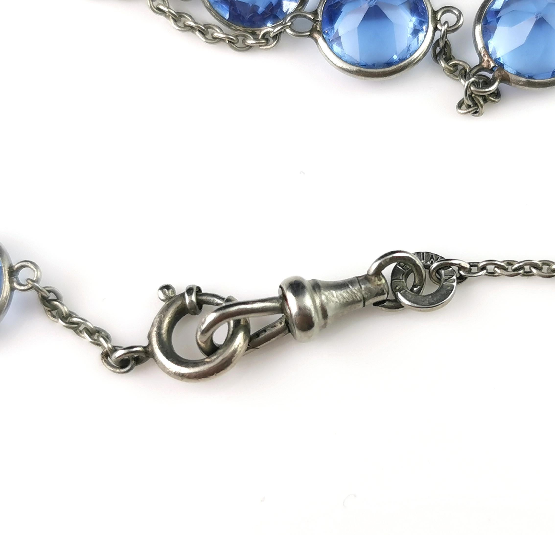 Vintage Art Deco blue Paste and platinon long chain necklace  For Sale 11