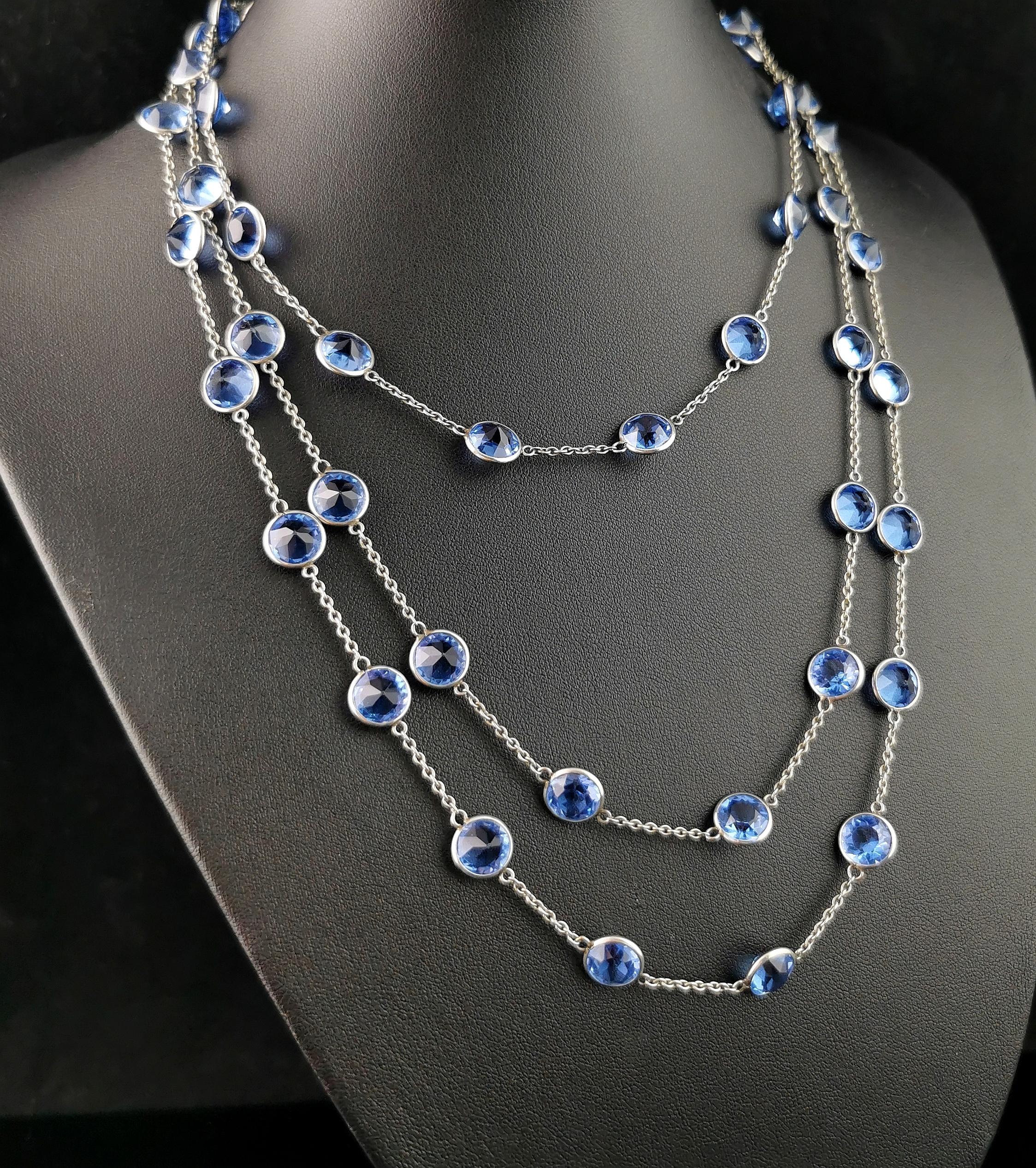 Women's Vintage Art Deco blue Paste and platinon long chain necklace  For Sale