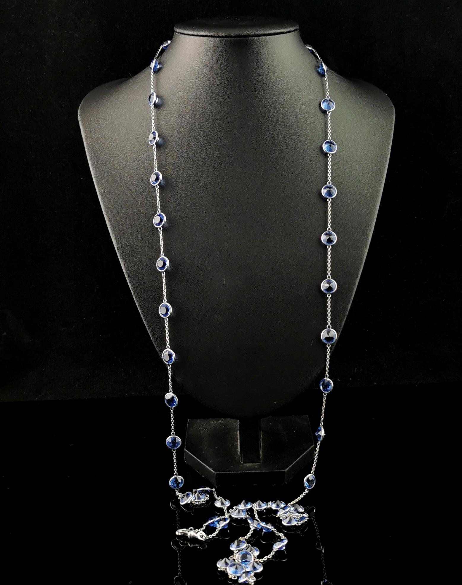 Vintage Art Deco blue Paste and platinon long chain necklace  For Sale 2