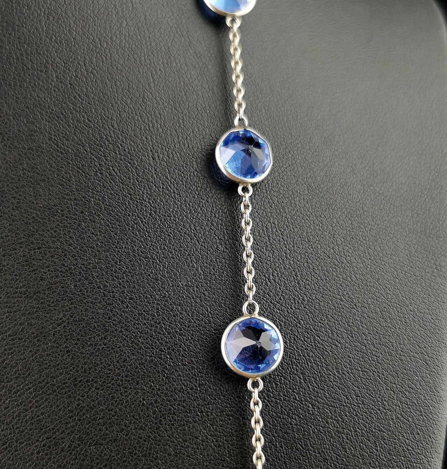 Vintage Art Deco blue Paste and platinon long chain necklace  For Sale 3