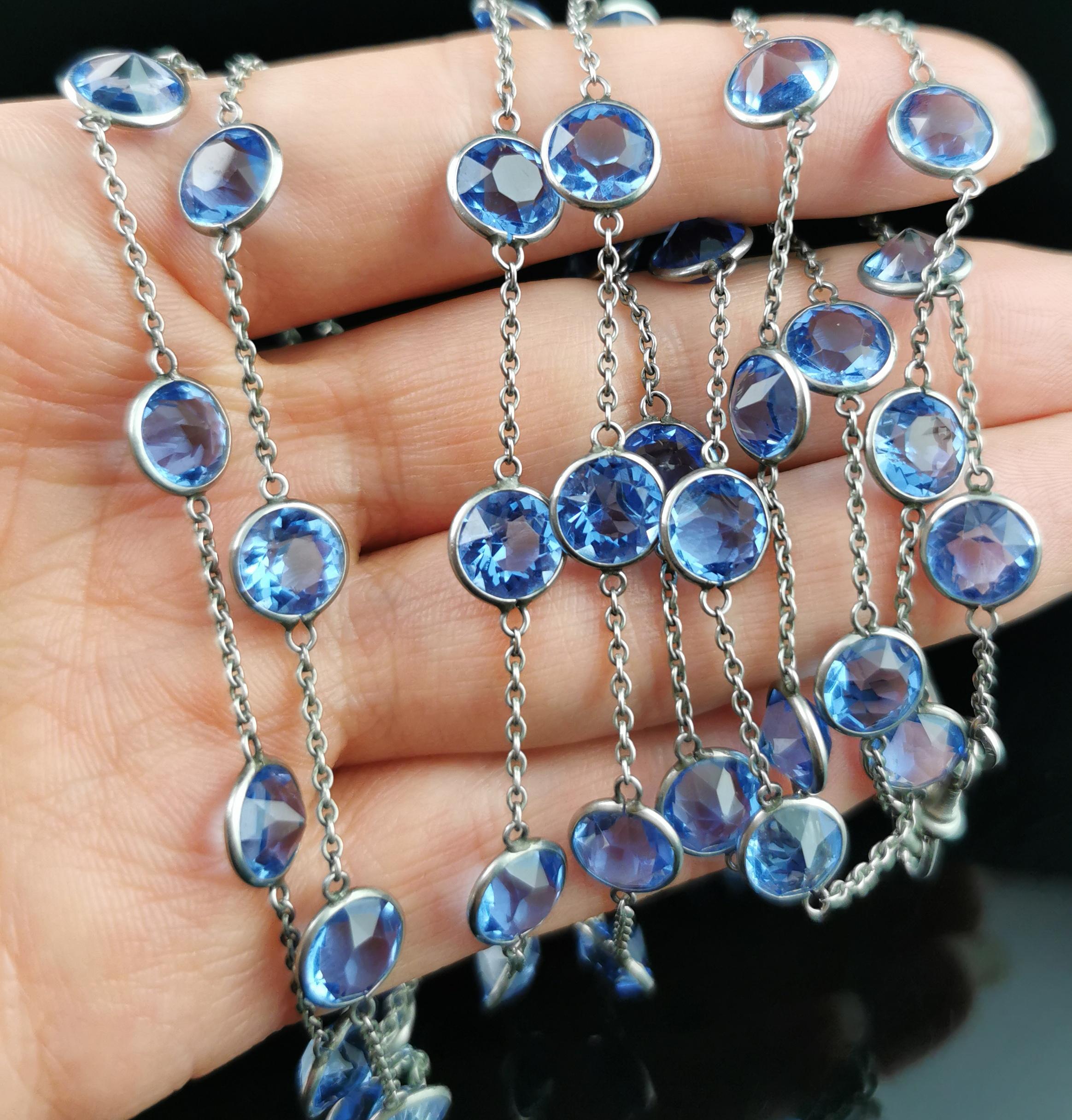Vintage Art Deco blue Paste and platinon long chain necklace  For Sale 4