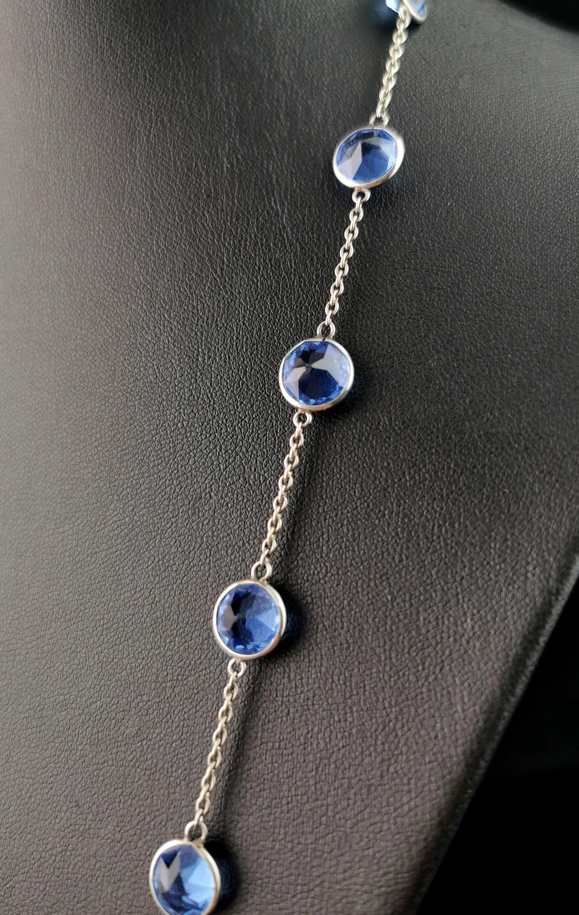 Vintage Art Deco blue Paste and platinon long chain necklace  For Sale 5