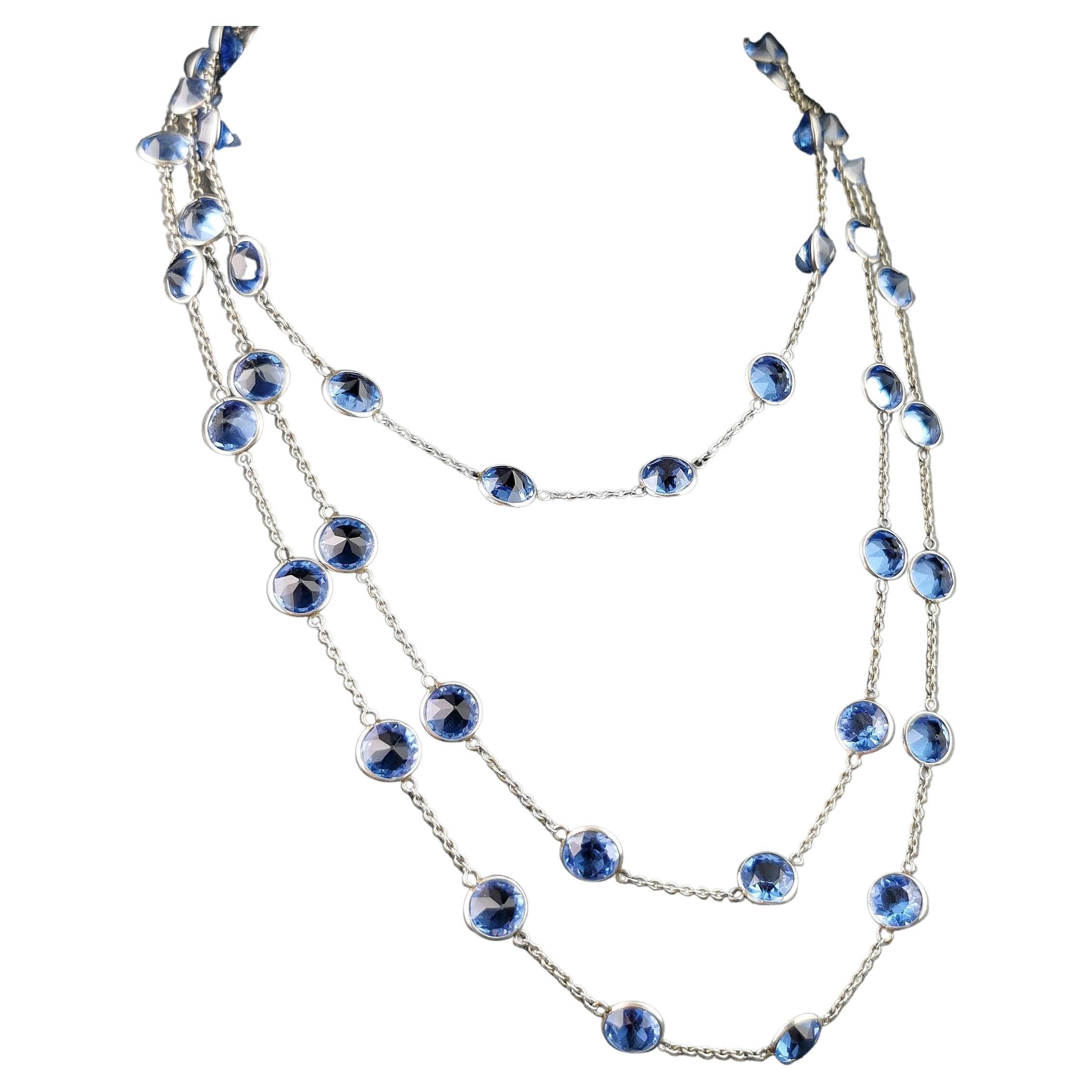 Vintage Art Deco blue Paste and platinon long chain necklace  For Sale