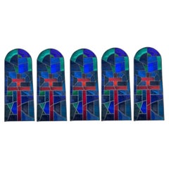 Vintage Art Deco Blue & Red Leaded Stained Glass Arched Window w/ Cross - 5 Pcs