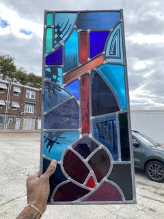 Vintage Art Deco Blue & Red Leaded Stained Glass Church Window w/ Cross 29x13