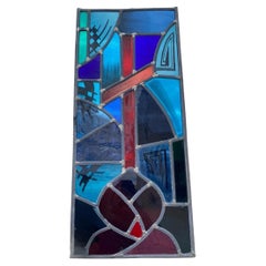 Vintage Art Deco Blue & Red Leaded Stained Glass Church Window w/ Cross 29x13 Vintage Art Deco Blue & Red Leaded Stained Glass Church Window w/ Cross 29x13