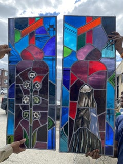 Vintage Art Deco Blue & Red Leaded Stained Glass Church Window w/ Cross - 6 Pcs