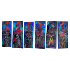 Vintage Art Deco Blue & Red Leaded Stained Glass Church Window w/ Cross - 6 Pcs Vintage Art Deco Blue & Red Leaded Stained Glass Church Window w/ Cross - 6 Pcs