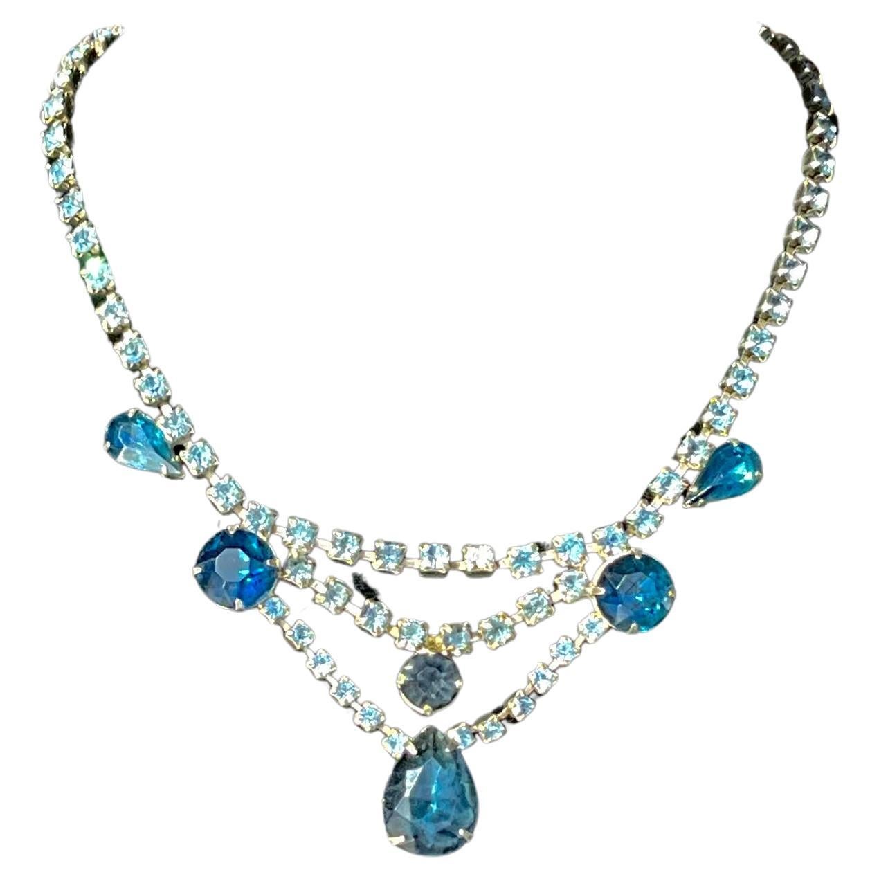 Vintage Art Deco Blue Rhinestone Necklace For Sale