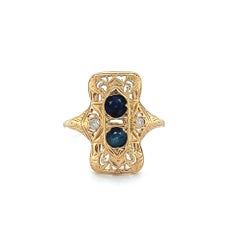 Vintage Art Deco Blue Sapphire And Diamond Antique Ring 14K Yellow Gold SZ 8.25