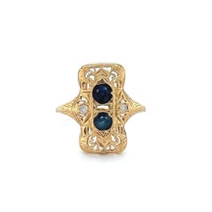 Antique Art Deco Blue Sapphire And Diamond Antique Ring 14K Yellow Gold SZ 8.25