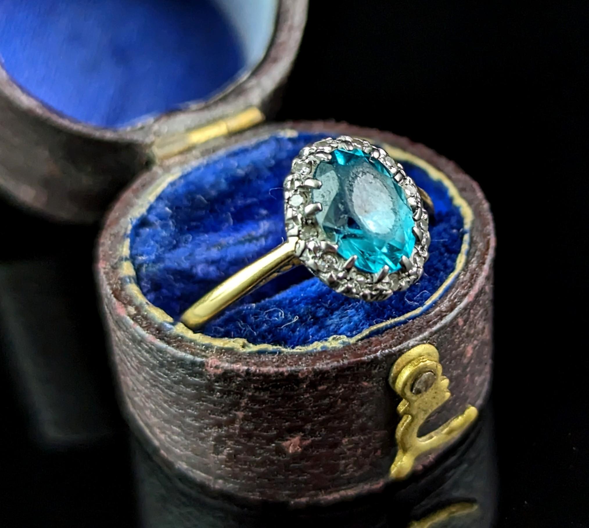 Oval Cut Vintage Art Deco Blue Zircon and Diamond ring, 18k gold 