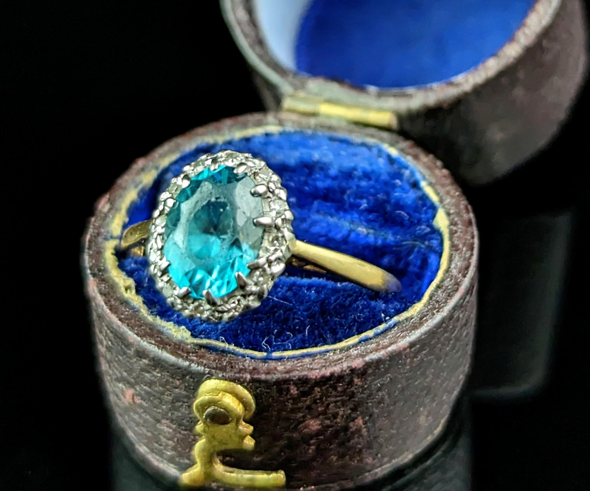 Vintage Art Deco Blue Zircon and Diamond ring, 18k gold  In Good Condition In NEWARK, GB