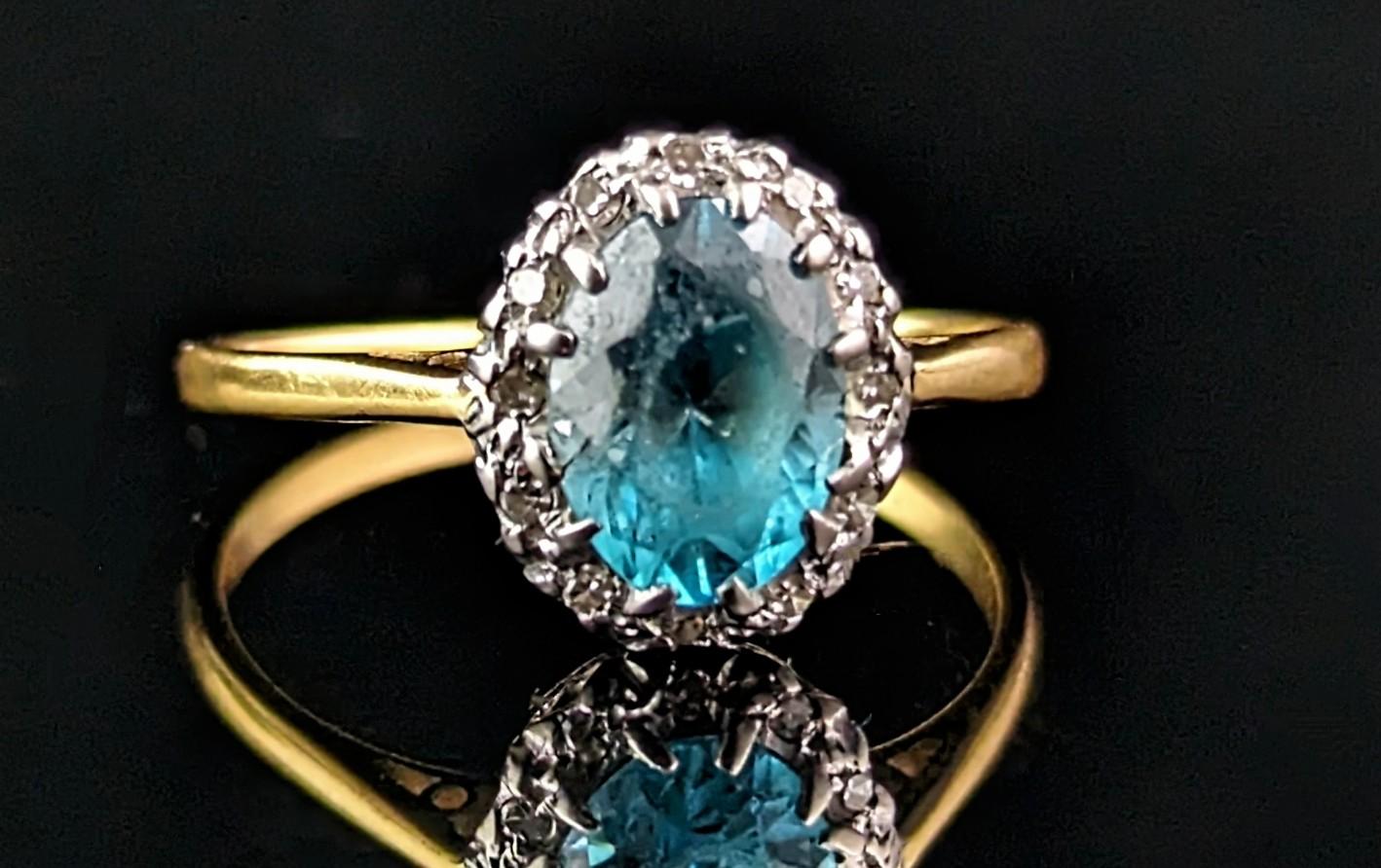 Women's Vintage Art Deco Blue Zircon and Diamond ring, 18k gold 