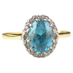 Retro Art Deco Blue Zircon and Diamond ring, 18k gold 