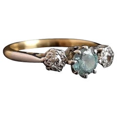 Vintage Art Deco Blue Zircon and Diamond Ring, 18k Yellow Gold and Platinum