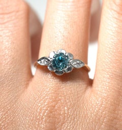 Vintage Art Deco Blue Zircon Diamond 18ct Yellow & White Gold Flower Ring M 6.25