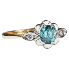 Vintage Art Deco Blue Zircon Diamond 18ct Yellow & White Gold Flower Ring M 6.25