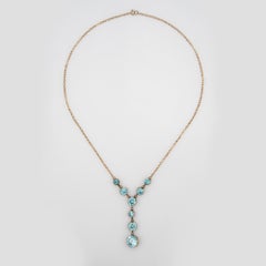 Vintage Art Deco Blue Zircon Drop Necklace 14k Yellow Gold 16" Fine Jewelry