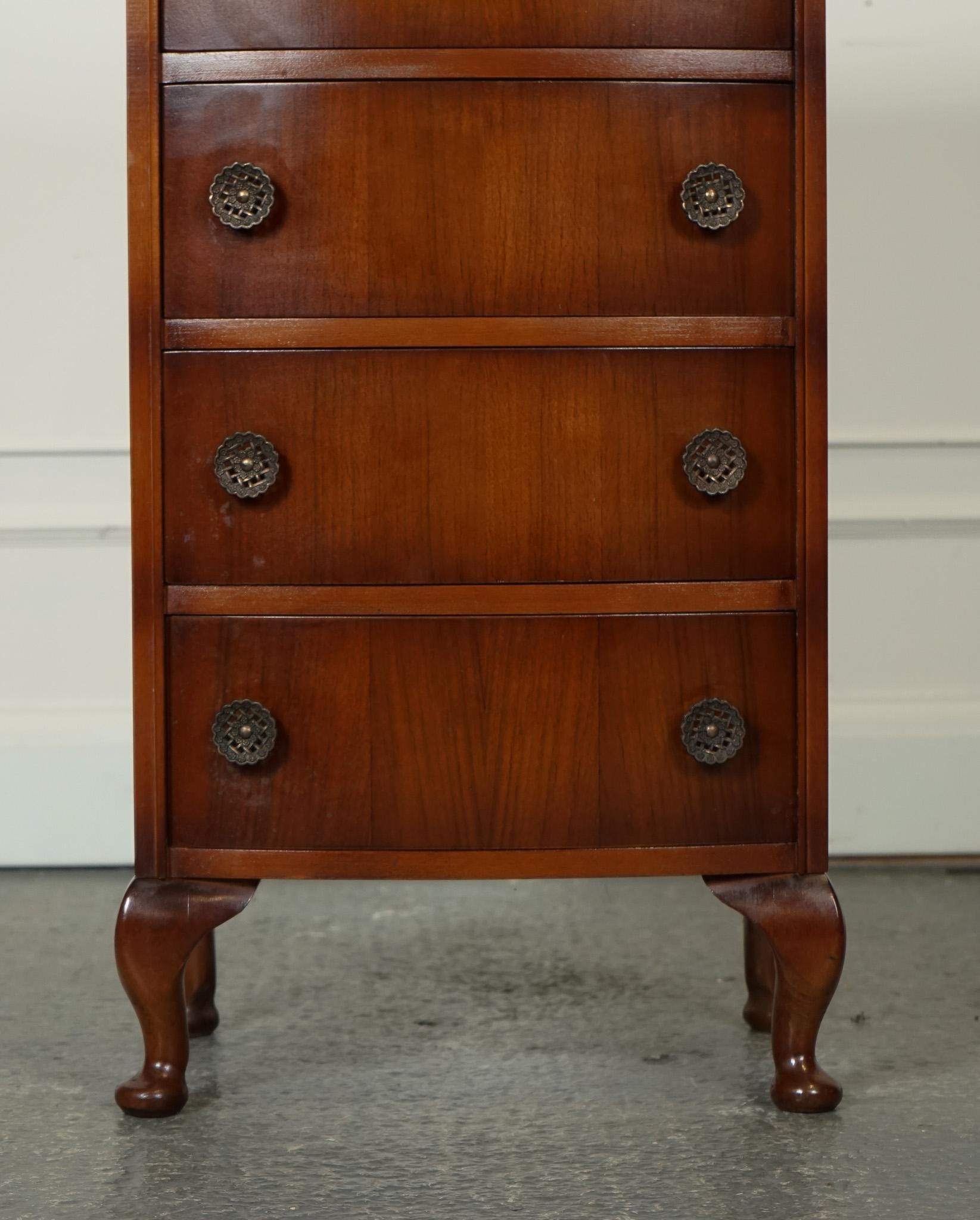 ViNTAGE ART DECO BOW FRONTED MAHOGANY TALL BOY CHEST F DRAWERS QUEEN ANN LEGS J1 In Good Condition In Pulborough, GB