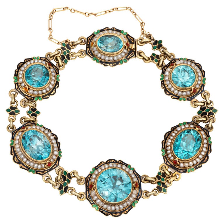 Vintage Art Deco Bracelet Blue Zircon Pearl Enamel 14k Yellow Gold