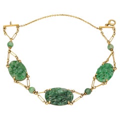 Antique Art Deco Bracelet Carved Jade 14k Yellow Gold Fine Estate Jewelry