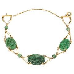 Vintage Art Deco-Armband aus geschnitzter Jade 14k Gelbgold 6,25 feiner Nachlassschmuck