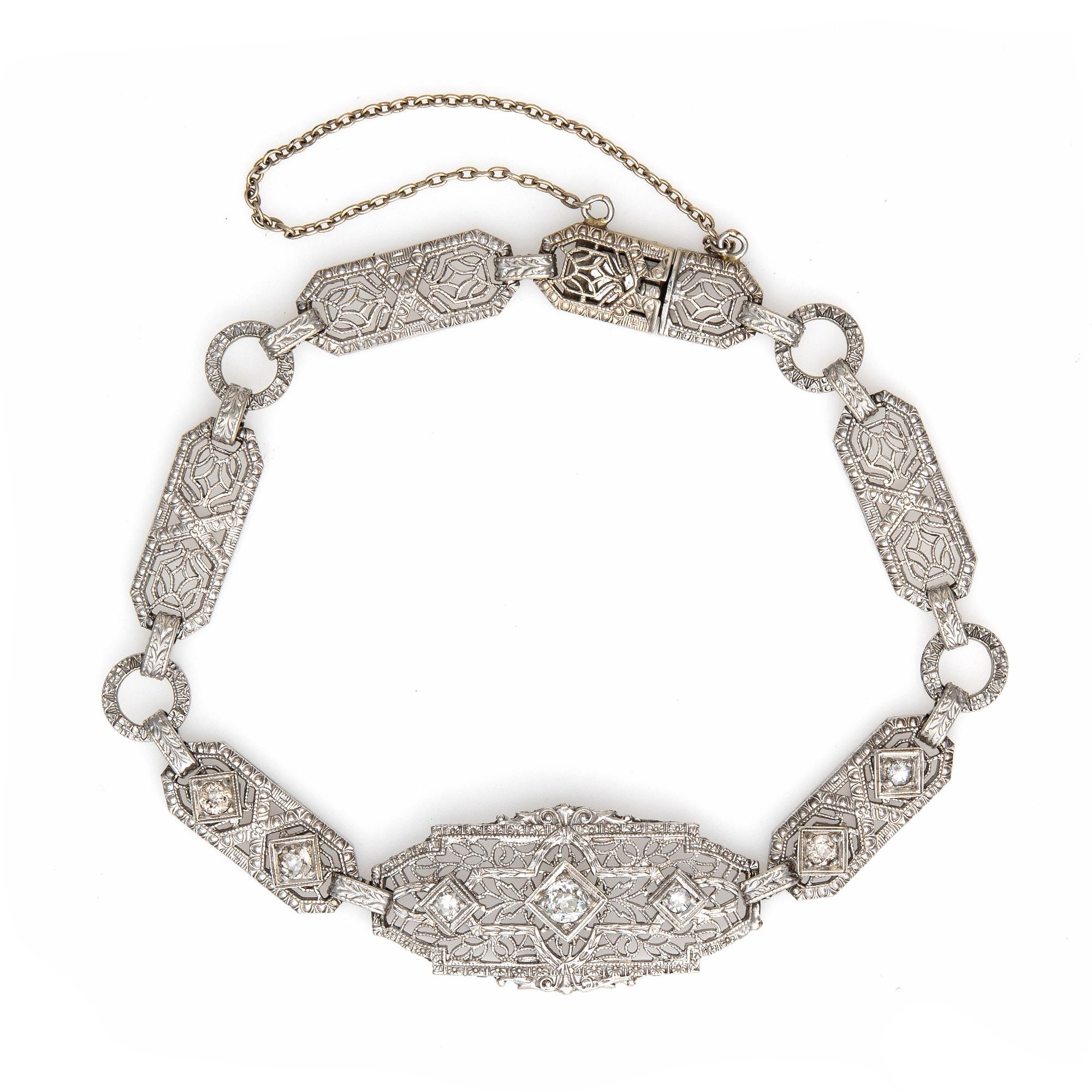 Old Mine Cut Vintage Art Deco Bracelet Diamond Filigree 14k White Gold Fine 1920s Jewelry