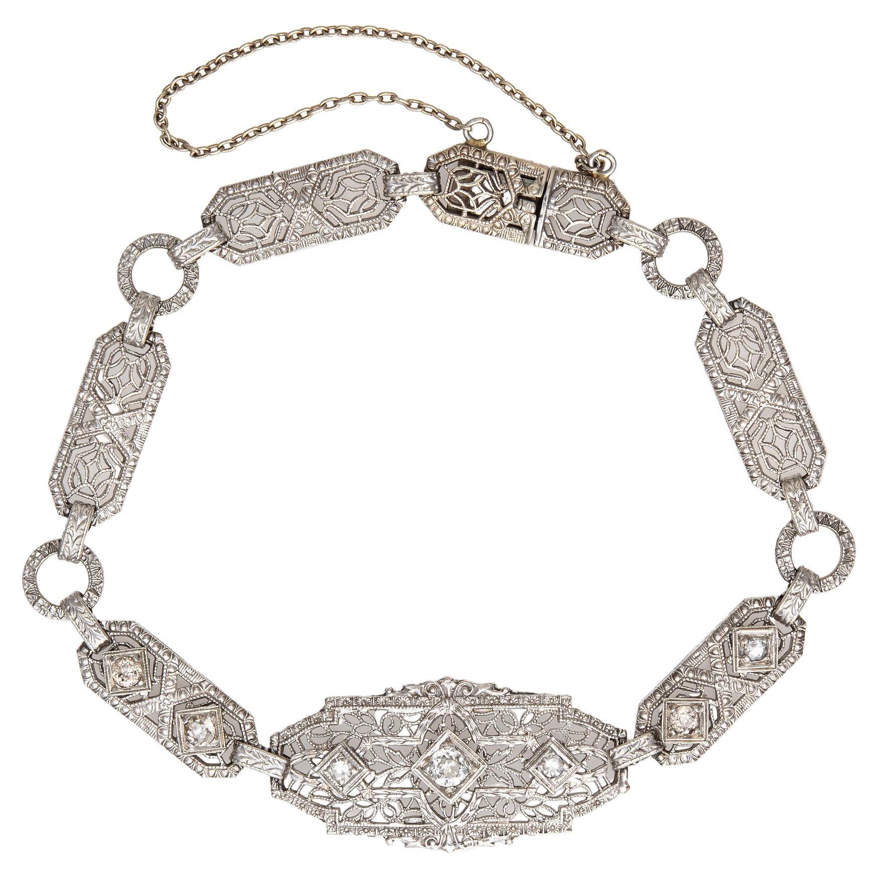 Vintage Art Deco Bracelet Diamond Filigree 14k White Gold Fine 1920s Jewelry