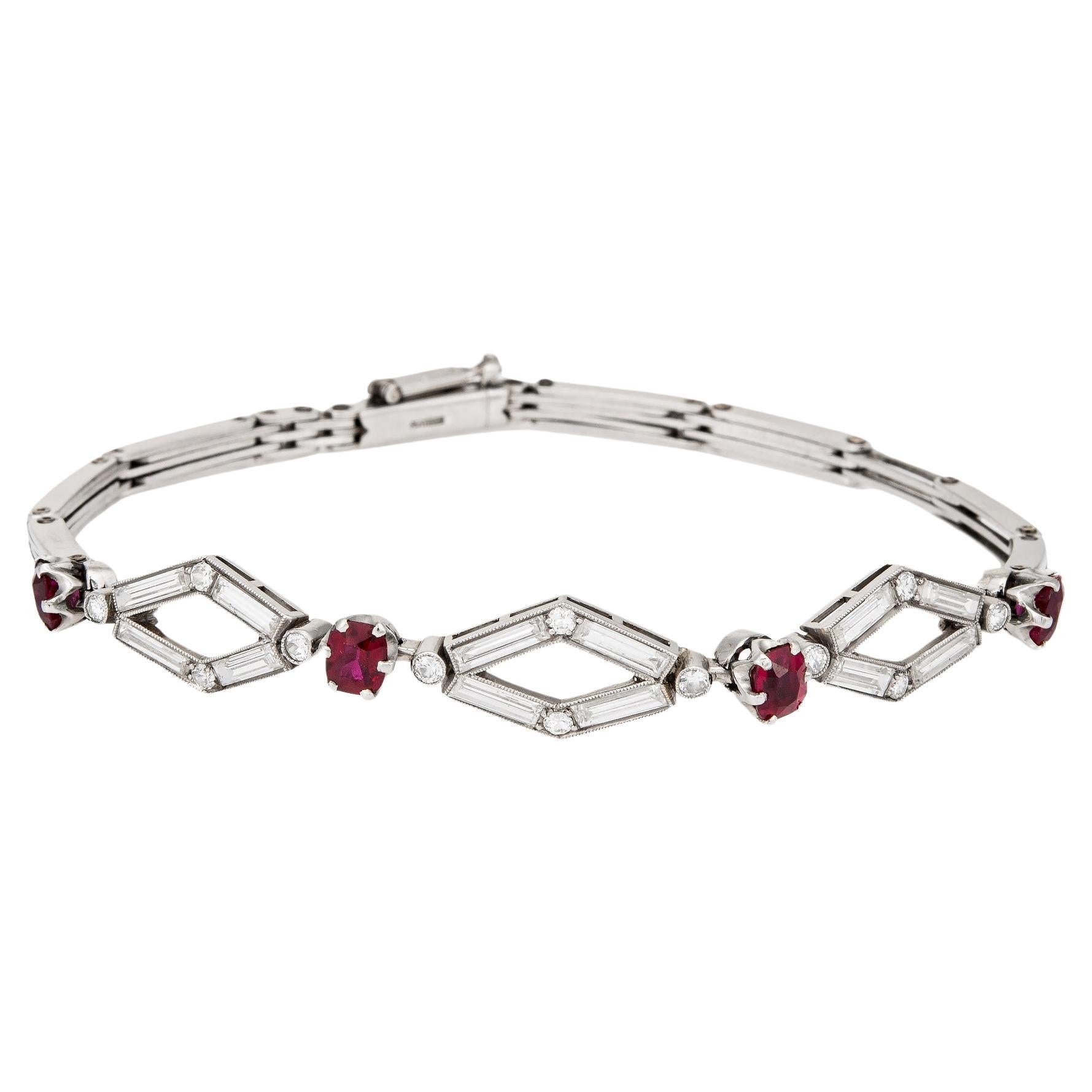 Vintage Art Deco Bracelet Ruby Diamond Platinum 7.5" Estate Fine Jewelry
