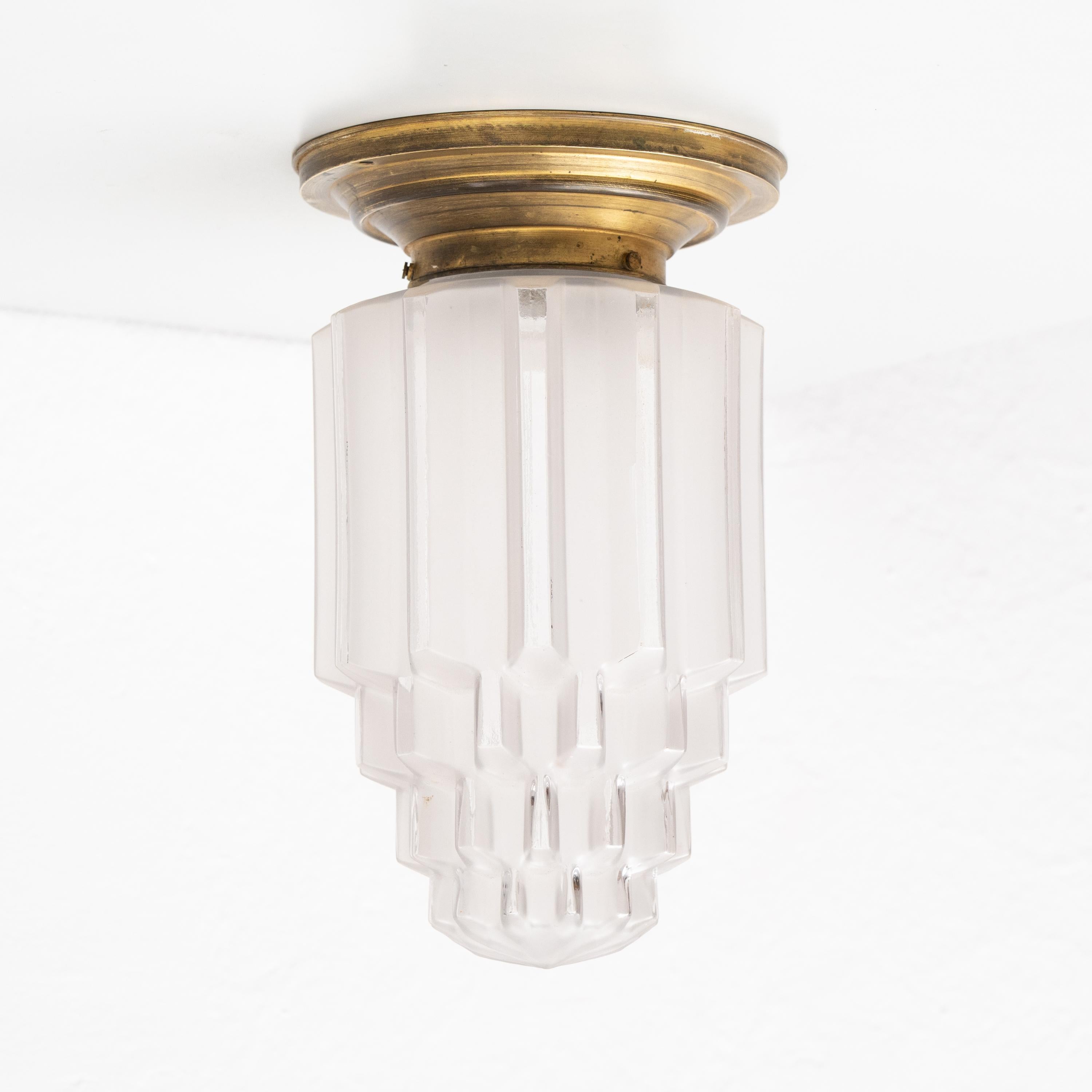 Vintage Art Deco Brass and Glass Ceiling Lamp, circa 1940 For Sale 6