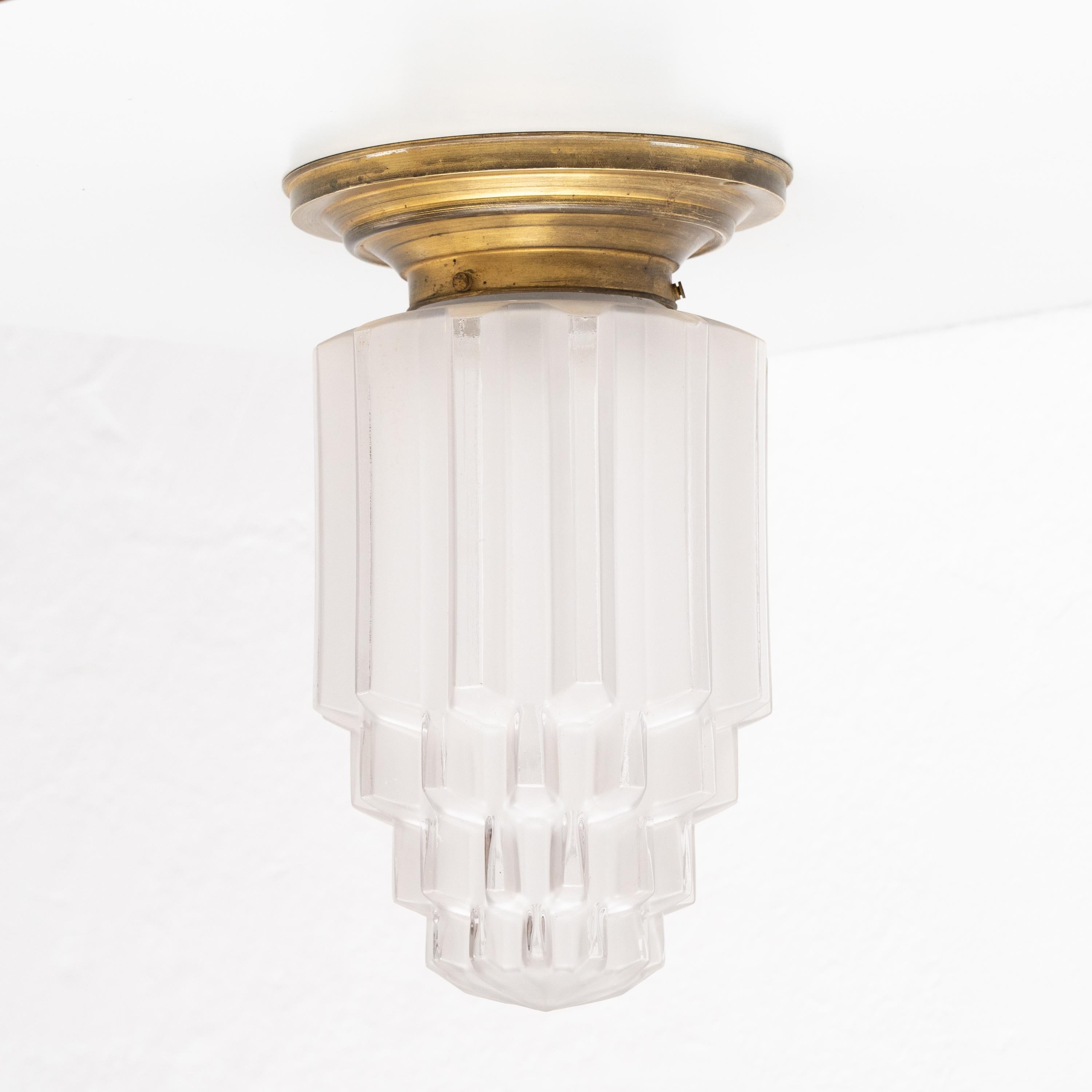 Vintage Art Deco Brass and Glass Ceiling Lamp, circa 1940 For Sale 7